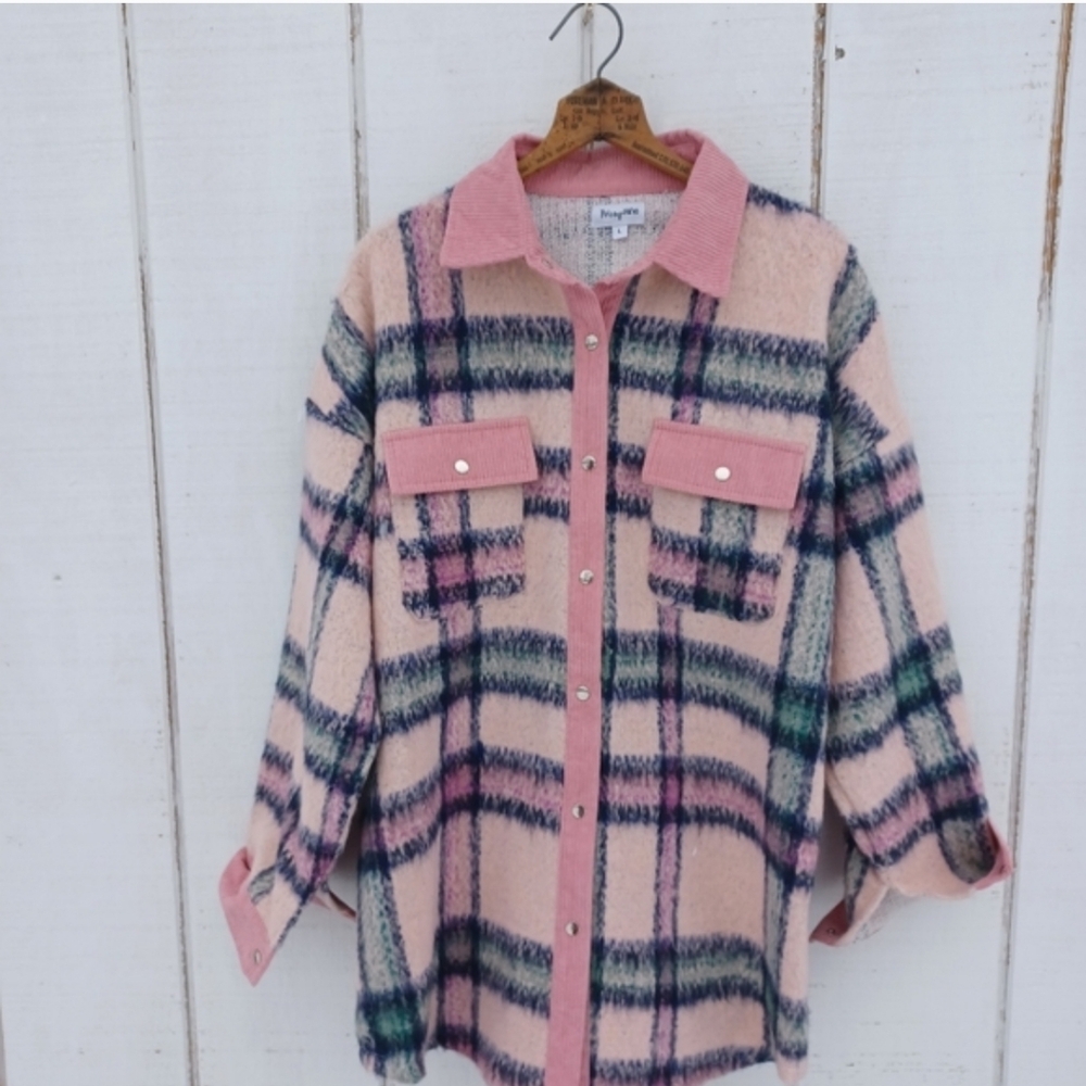 Pink Plaid Button-Up Thick Shirt Jacket - Picture 3 of 4